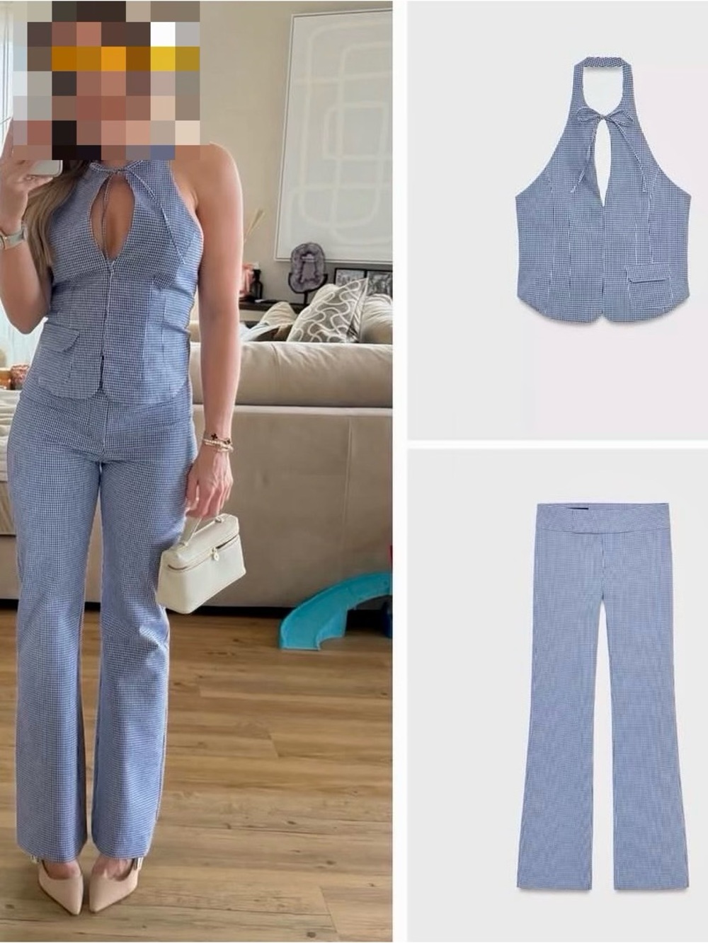 Zara Blue Gingham Flare Pants and Top SET